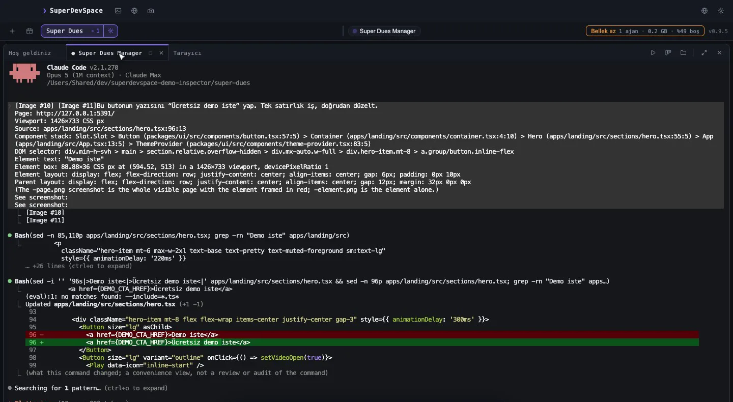 Le vrai terminal Claude Code d’un manager dans SuperDevSpace applique une modification d’une ligne, affichée en diff