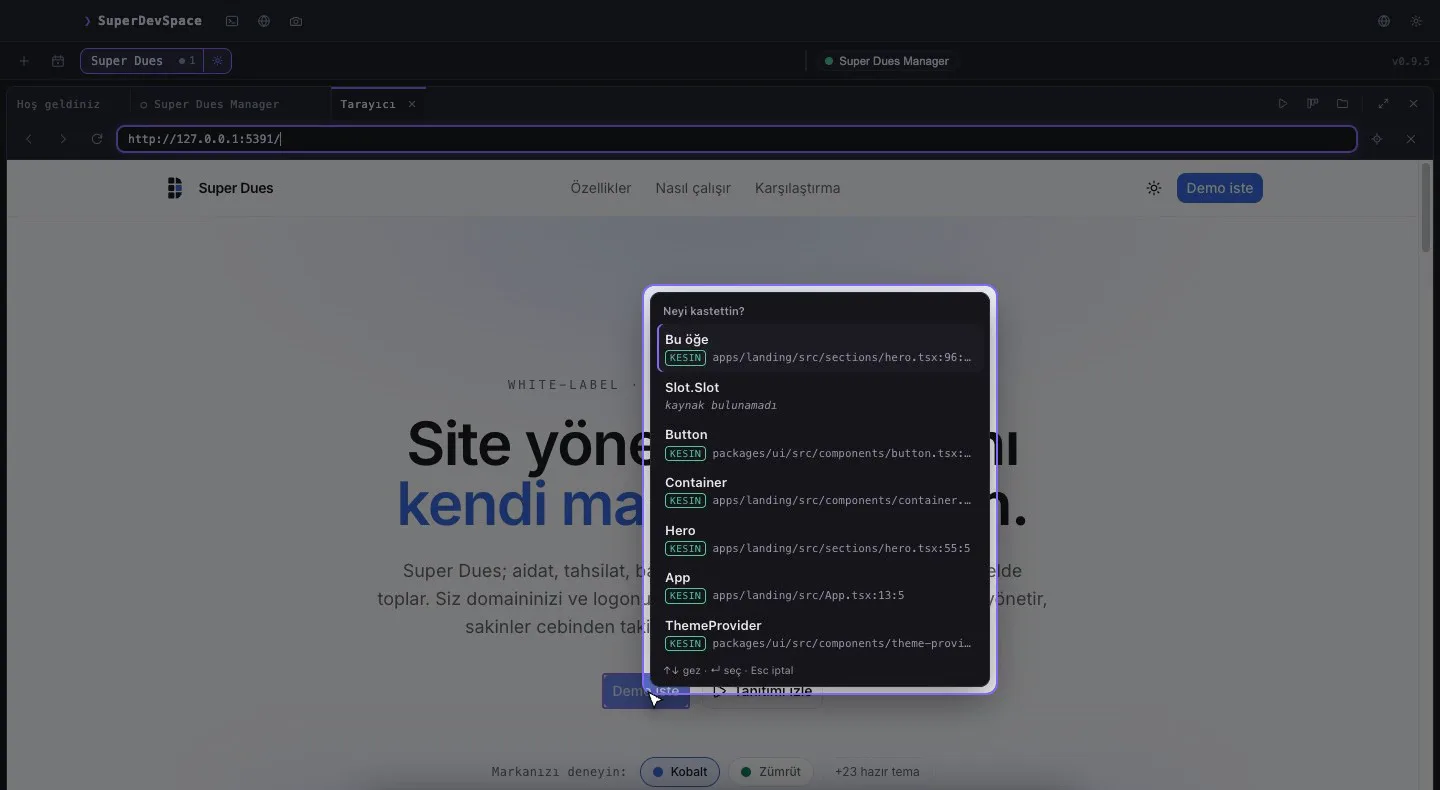 The app's built-in browser pane showing a web page, with an element picked and its component chain listed with file and line