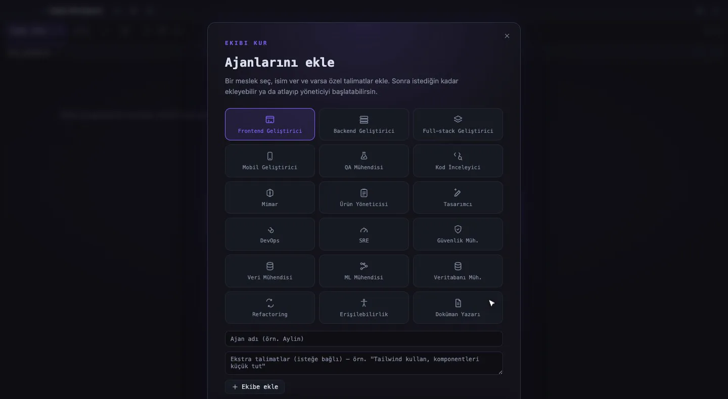 The "Add your agents" dialog: a grid of roles such as frontend, backend, QA engineer, code reviewer, designer and DevOps, with a name field and optional extra instructions
