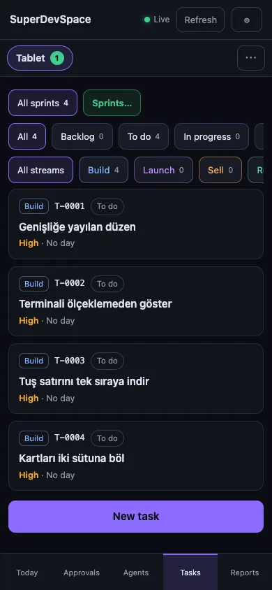 The SuperDevSpace phone app showing an organisation’s task list